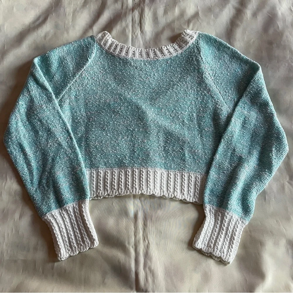 LoveShackFancy- Cotton Candy Geneve Crop Knit Sweater Cardigan Baby Blue Size XL